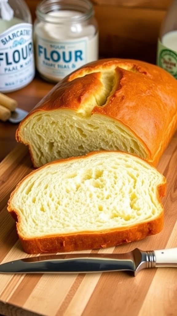 Sliced Pullman pan sandwich bread on a wooden board with a butter knife, showcasing its soft texture.